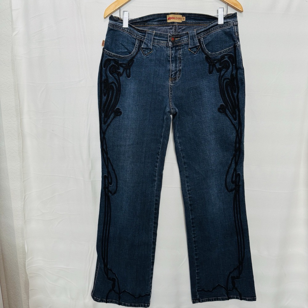 Bsou Jeans Wide‎ Legs Embroidered Legs & Pockets Sz 12